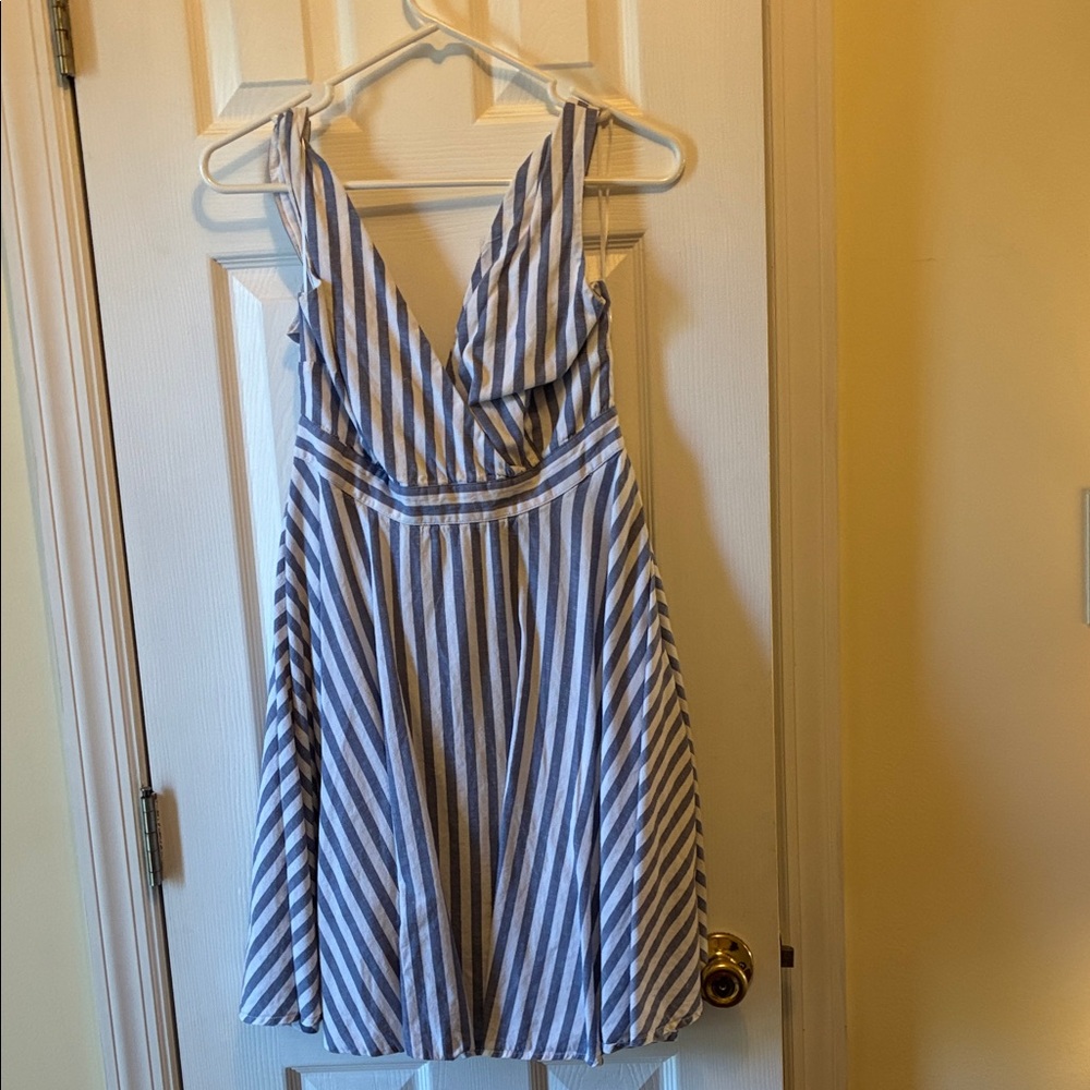 Simons Blue and White Striped V-Neck Mini Dress